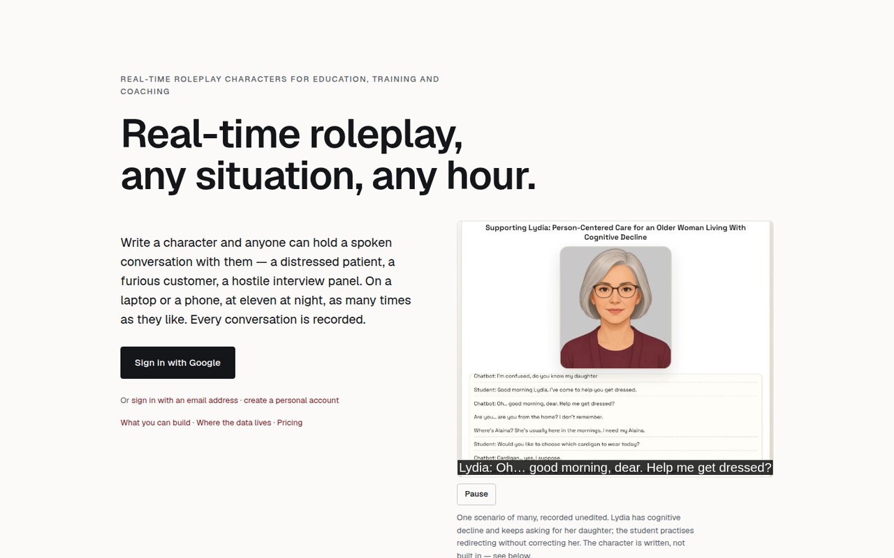 The roleplaylms.com homepage — a written character holding a spoken conversation, with the transcript recorded alongside